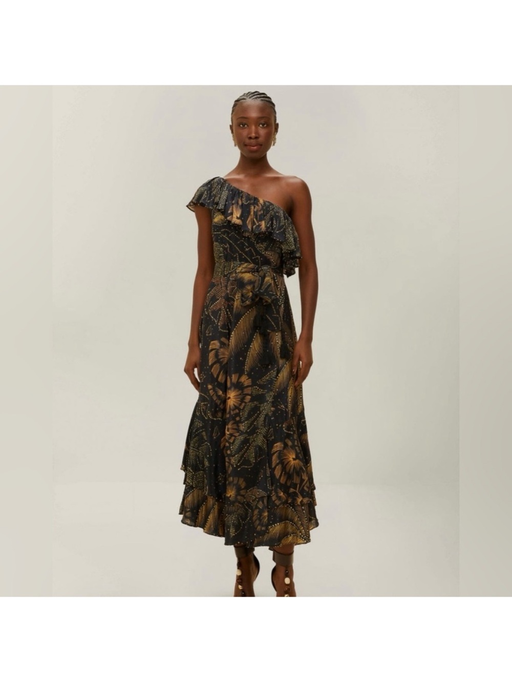 FARM Rio One-Shoulder Maxi Dress in Black and Gold Floral SMALL